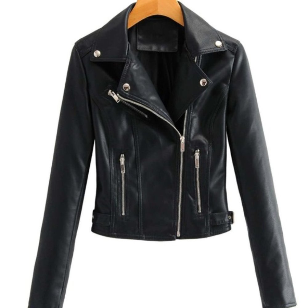 Modern Biker Chick Moto Faux leather Zipper Detail Motorcycle Jacket